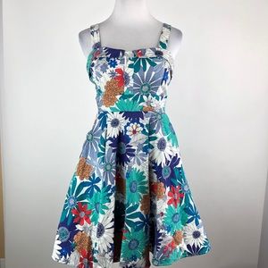 Ixia ModCloth White and Blue Floral Retro Pin Up Fit & Flare Dress size Large
